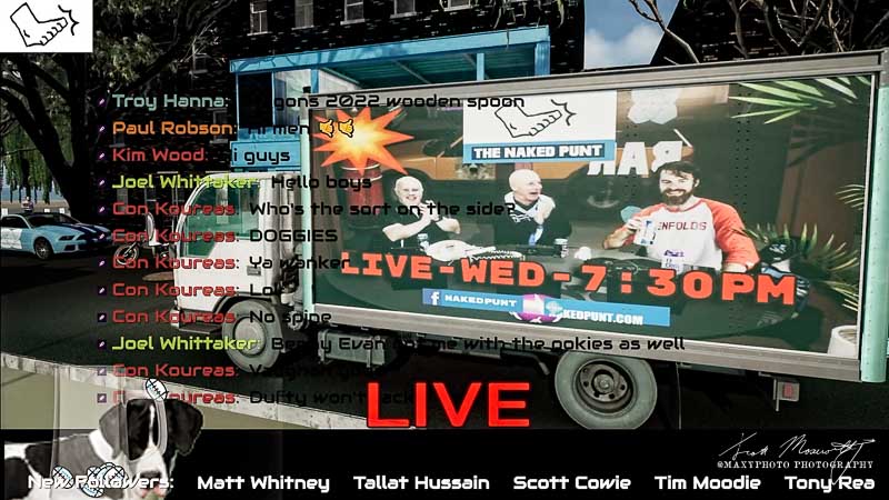 The Naked Punt NRL Footy Show project is a weekly livestream from Maxys Big Dog Studio