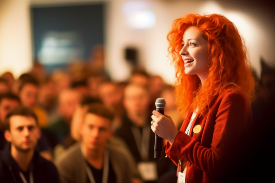 moment in the heart of a bustling presentation BootCamp. Elara, with her fiery red hair and infectious energy, is at the center, passionately explaining the nuances of effective communication to a captivated audience. The room is filled with a mix of aspiring presenters, each hanging onto her every word. The setting is a modern, well-lit conference room, with a large screen displaying a slide titled 'The Art of Communication'.
