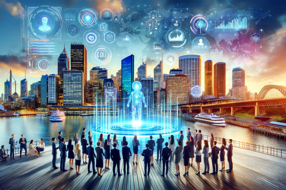 A vibrant and futuristic image showcasing the intersection of AI technology and sales in a culturally diverse urban setting. The foreground should depict a diverse group of professionals gathered around an advanced, holographic AI interface displaying sales data and customer profiles. The AI interface should be sleek and sophisticated, symbolizing cutting-edge technology. In the background, the cityscape of Sydney, with its iconic landmarks, should blend seamlessly with digital elements, illustrating the fusion of technology and urban life. The overall atmosphere should be dynamic and forward-looking, encapsulating the concept of AI as a powerful tool in modern sales strategies. The image should convey a sense of innovation, diversity, and the transformative impact of AI in the business world