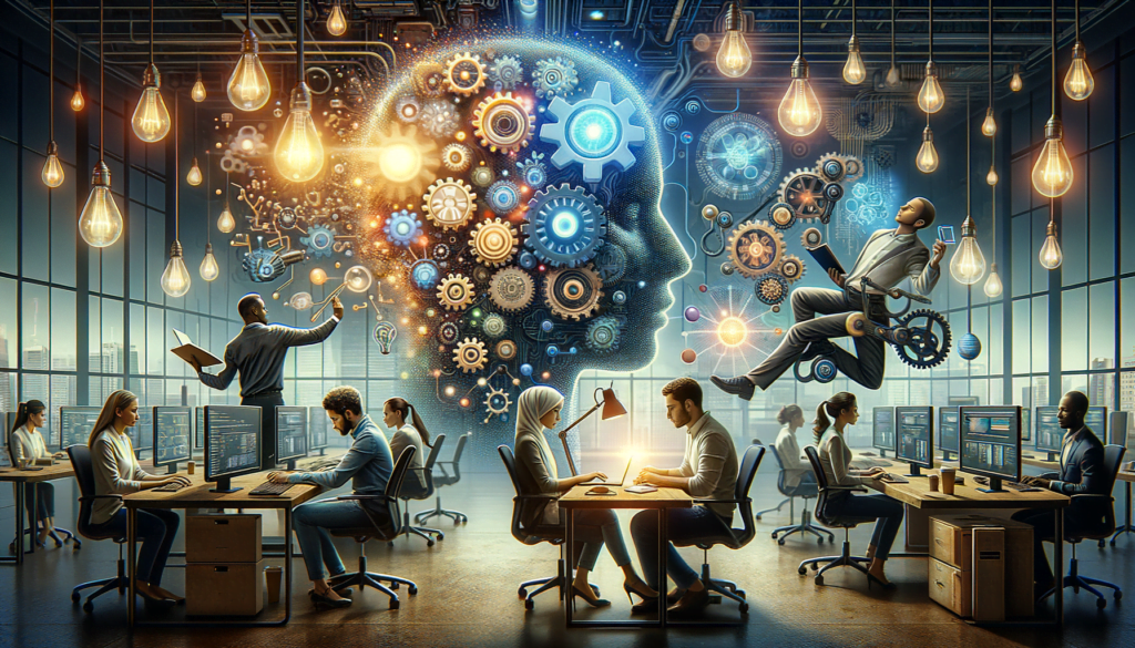 modern office with diverse team balancing automated systems and human creativity in content creation