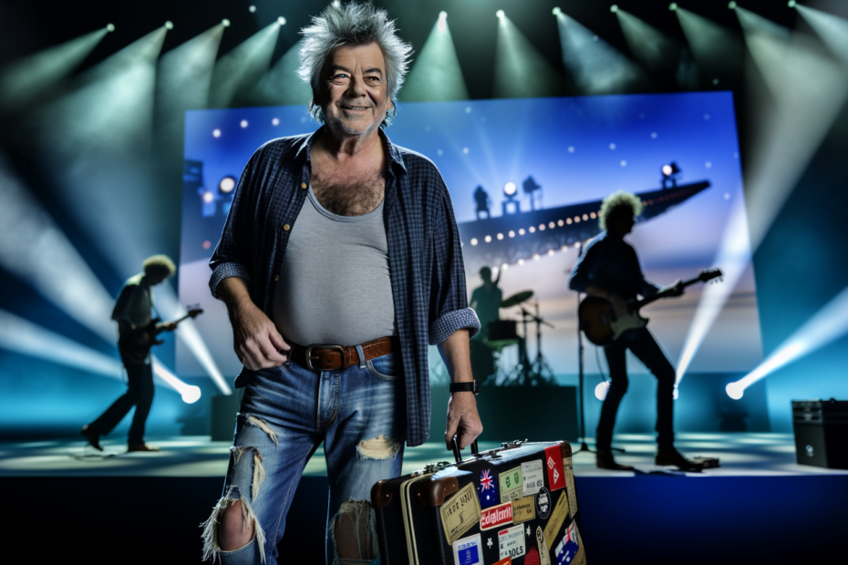 Barney Dawson, a 60-year-old rocker, stands center stage with his band The Cosmic Groove and a 3D rendering of AI persona Claudia, symbolizing the fusion of rock and AI.