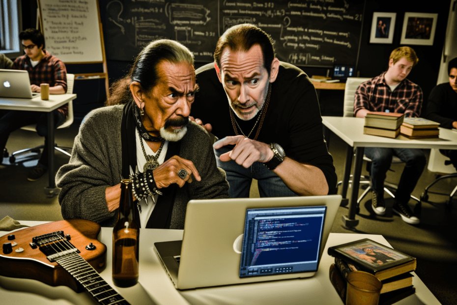 Barney Dawson, a rock star, learning to code in a vibrant bootcamp with AI assistance, symbolizing perseverance and reinvention.