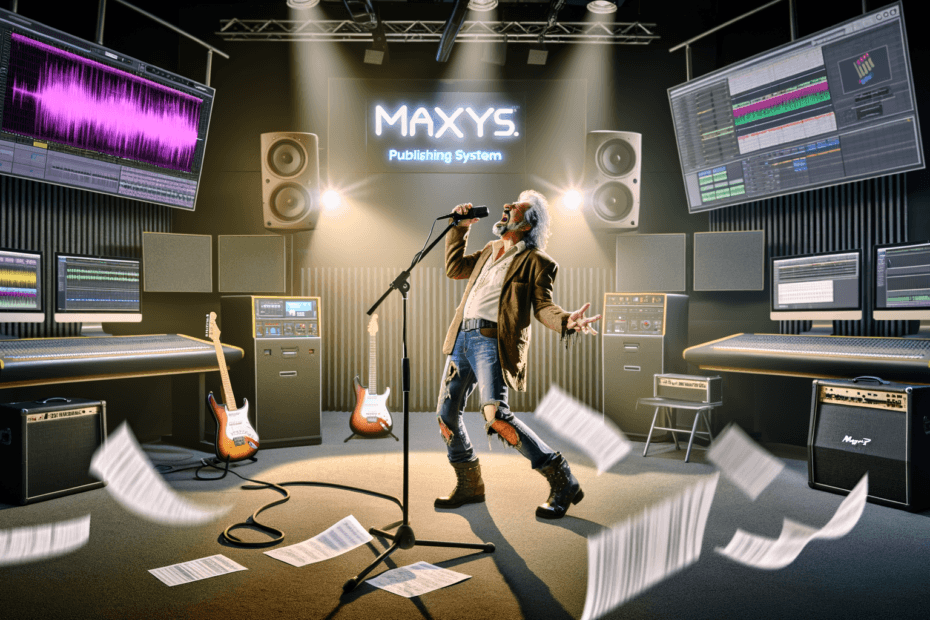 Barney Dawson performing in a high-tech studio with AI integration, showcasing the fusion of rock 'n' roll and modern technology.