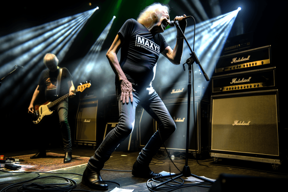 Barney Dawson performing on stage during the 'Dingo Droppings Reunion Tour,' showcasing AI-enhanced rock spirit with dramatic lighting and energetic pose.