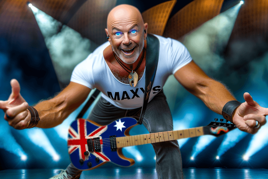 Barney Dawson performing at Sydney Opera House with electric guitar, embracing AI technology in music.