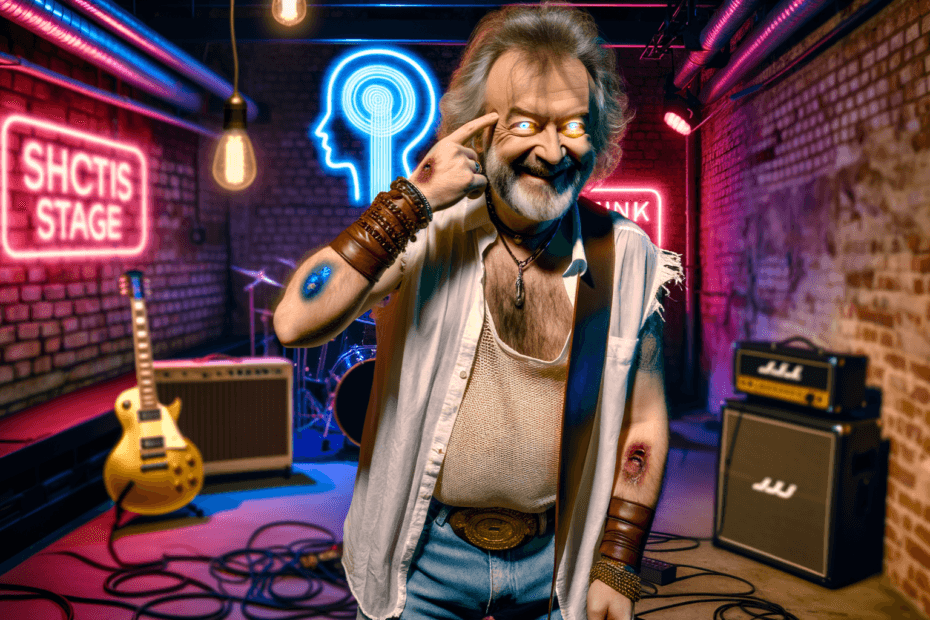Barney Dawson performing on stage with a guitar, embodying the fusion of classic rock and AI technology in a neon-lit setting.