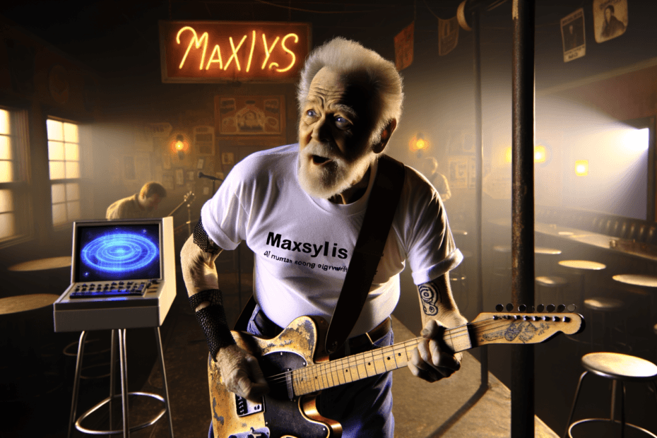 AI Storytelling - Barney Dawson performing at the Rusty Nail, embracing AI technology with a futuristic device on stage, symbolizing the fusion of human creativity and innovation.