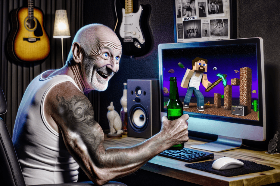 Barney Dawson, a 60-year-old rock star, enjoying his creative Minecraft build in his home studio, showcasing his youthful spirit and rockstar vibe.