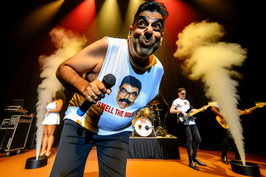 Barney Dawson performing at the Sydney Opera House, engaging the audience with a sensory rock concert featuring scent and sound.