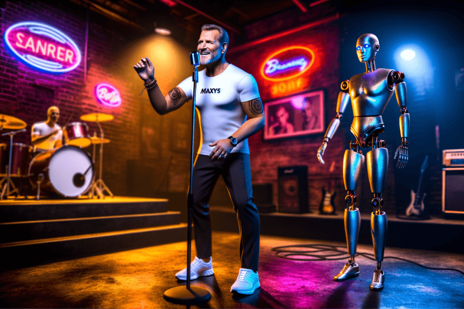 Barney Dawson, a 60-year-old rocker, performing with an AI assistant on a dimly-lit music club stage, showcasing the fusion of rock and AI technology.