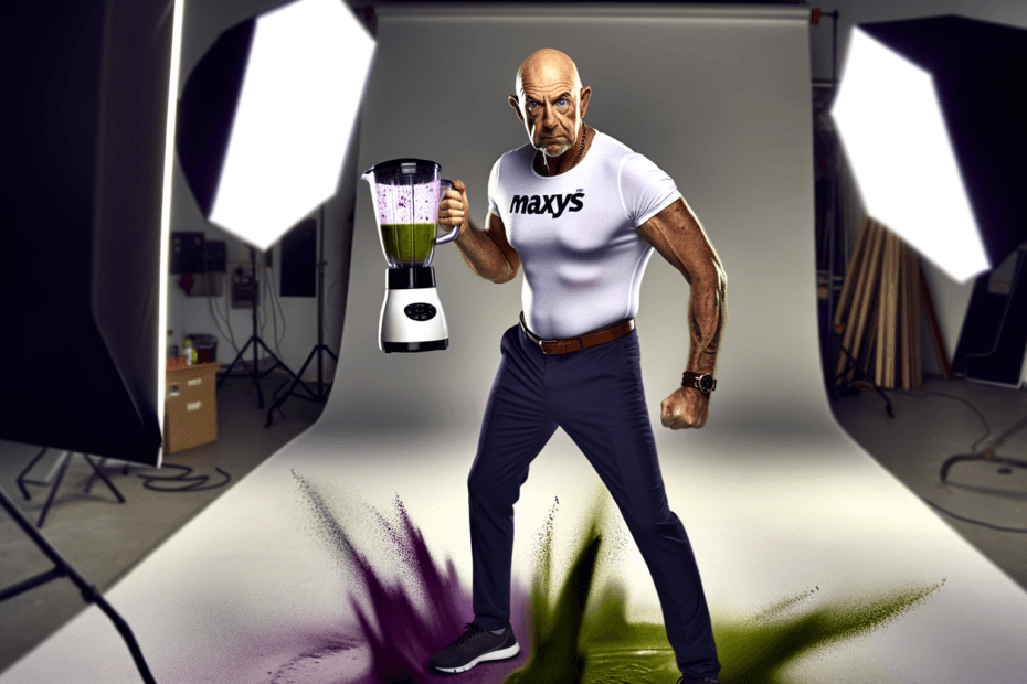 Barney Dawson, a 60-year-old viral smoothie sensation, stands in a photography studio with a vintage blender, capturing the irony of internet fame.