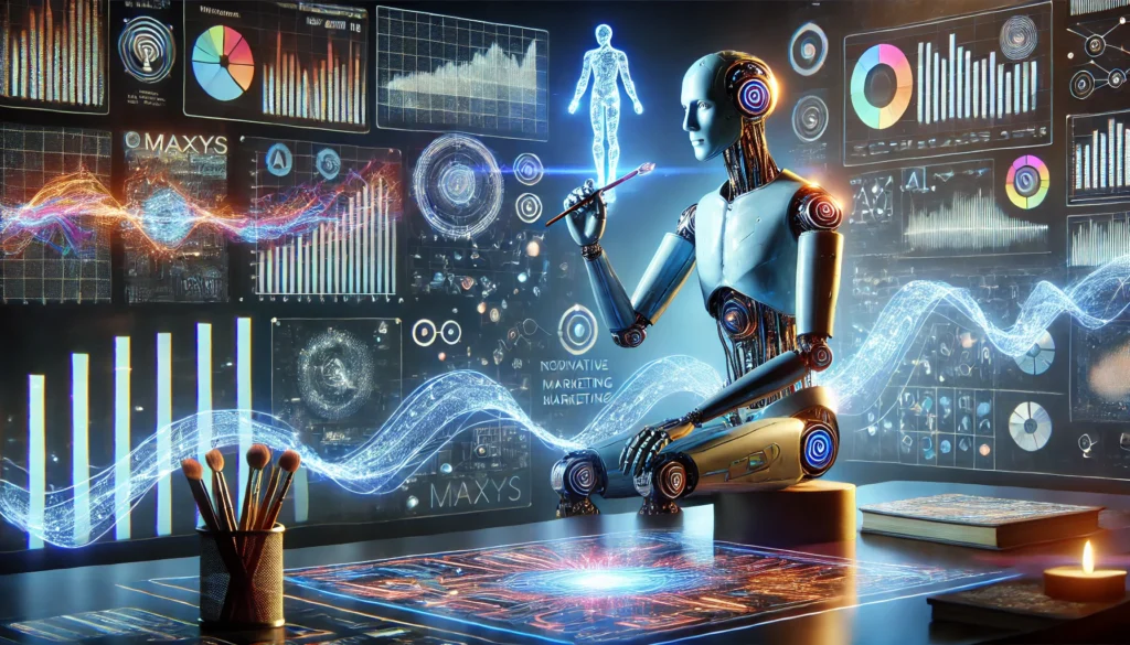 humanoid ai engaged in storytelling within a futuristic data rich environment symbolising the fusion of technology and marketing with glowing narrative threads and holographic displays
