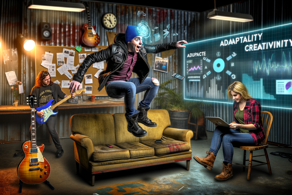 Barney leaping with excitement in a tech-equipped dressing room, surrounded by holographic storyboards and band members, symbolizing AI-driven creativity and collaboration.