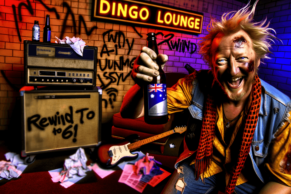 Barney Dawson triumphantly raises a beer backstage at the Dingo Lounge, celebrating victory over a rogue AI sound system, embodying the rebellious spirit of rock 'n' roll.