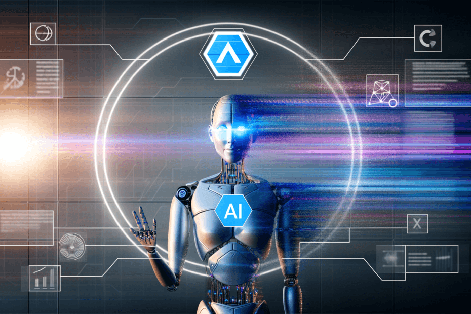 AI Trust Futuristic robot embodying artificial intelligence with data graphics in a tech-themed environment.