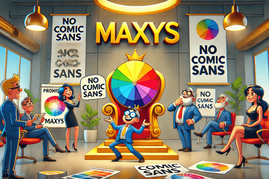 a-humorous-cartoon-style-branding-meeting-in-a-modern-sleek-office-with-maxys-brand-style-characters-are-exaggerated_-one-juggles-an-oversized-color
