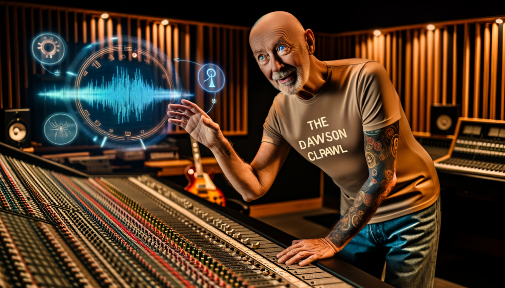 ai in av production barney a rock legend in a modern studio using ai technology alongside vintage equipment symbolizing the fusion of tradition and innovation in music production