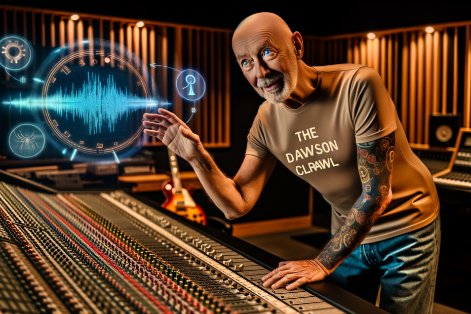 AI in AV Production Barney, a rock legend, in a modern studio using AI technology alongside vintage equipment, symbolizing the fusion of tradition and innovation in music production.