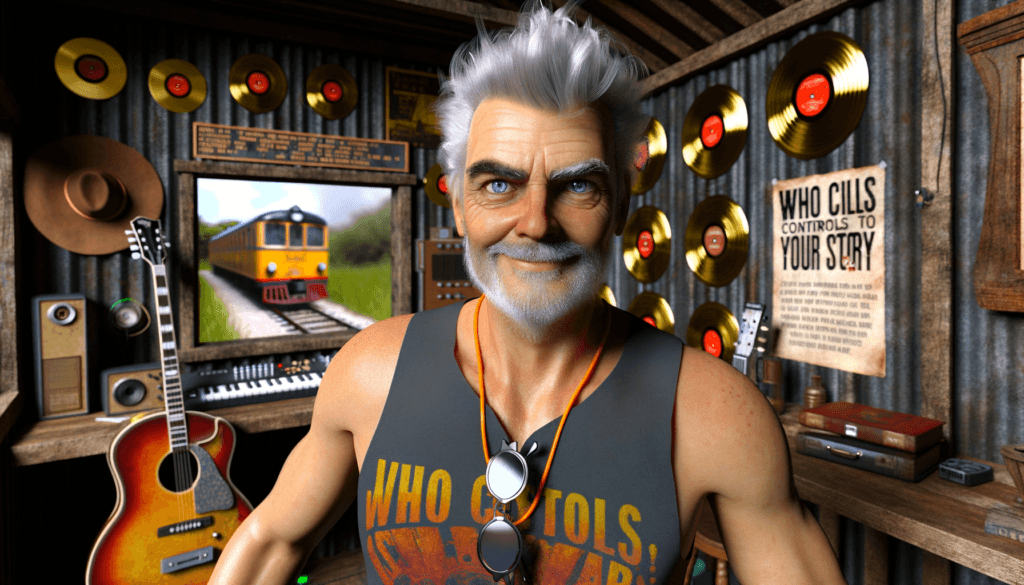 narrative control barney dawsons narrative conductor portrait 250328 2400 max media and entertainment narrative control portrait of barney dawson in his garden shed strumming a vintage guitar while interacting with modern technology symbolizing the blend of tradition and innovation in music