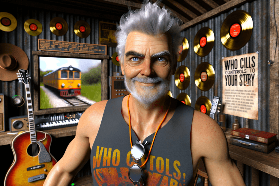 Narrative Control Portrait of Barney Dawson in his garden shed, strumming a vintage guitar while interacting with modern technology, symbolizing the blend of tradition and innovation in music.