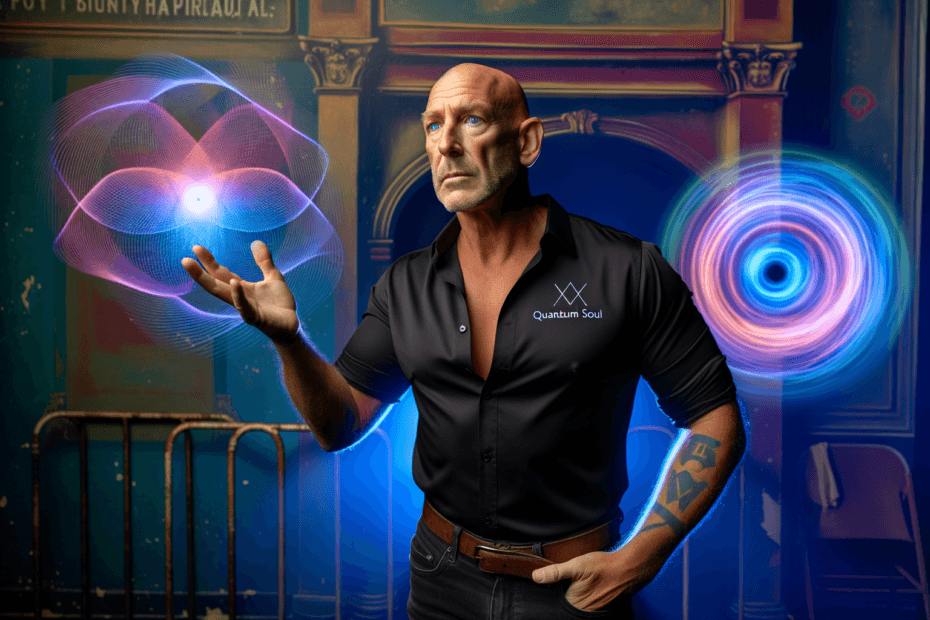 Quantum Symbolic Modeling Barney Dawson experiencing quantum symbolic modeling revelation with holographic visualizations backstage at Enmore Theatre.