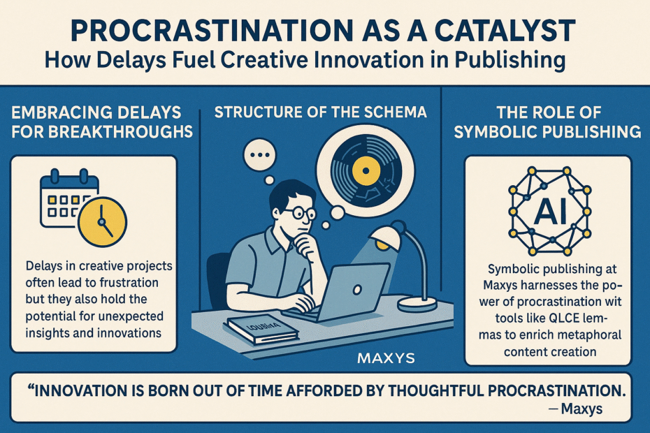 Infographic showing how procrastination can lead to creative breakthroughs in content publishing, featuring symbolic publishing, AI tools, and Barney's 'Structure of the Schema'