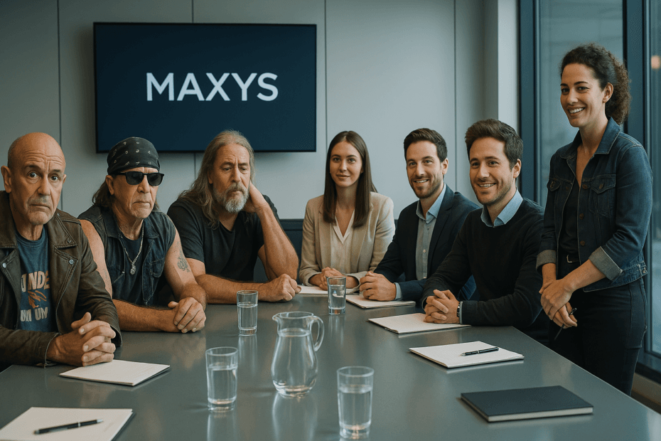 A photorealistic flashback scene of Thunder Down Under nervously meeting young MAXYS staff in a modern office, with Claudia Fontainebleau observing.