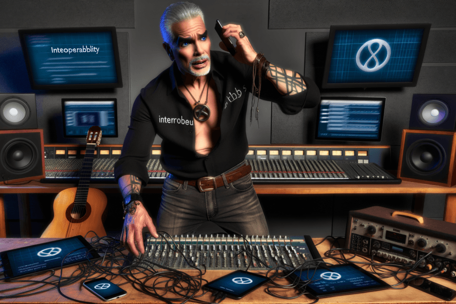 Interoperability Barney Dawson, a 60-year-old rock musician, humorously grappling with technology in a modern recording studio, showcasing the clash between vintage and digital equipment.