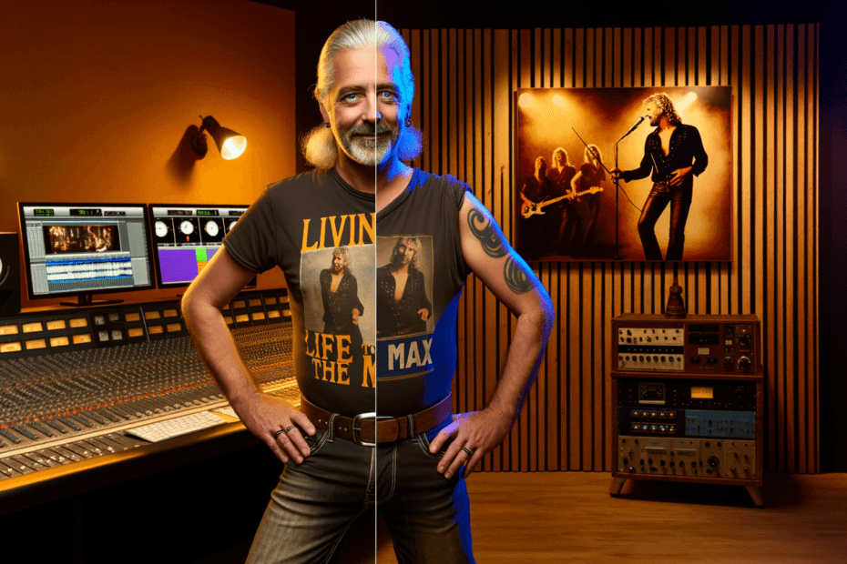 MAXYS BRAND Barney Dawson in a recording studio, bridging analog and digital worlds, showcasing his musical legacy with Maxys technology.