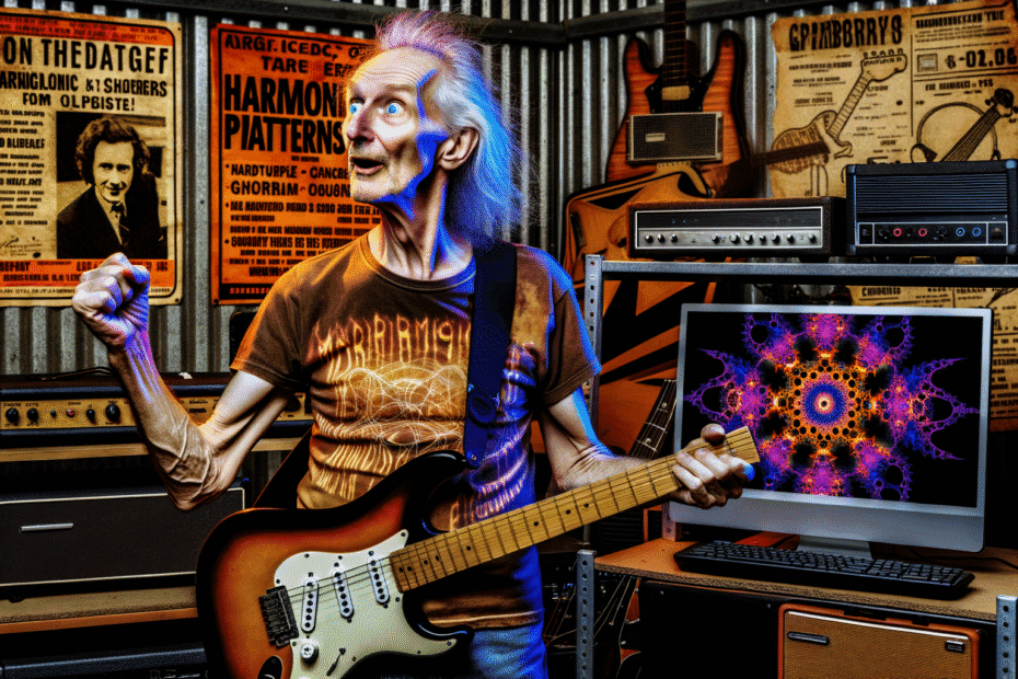 MAXYS BRAND Portrait of Barney Dawson, a 60-year-old rocker, in his garage studio with vintage rock equipment and modern AI technology, showcasing the fusion of traditional music and fractal harmonic patterns.