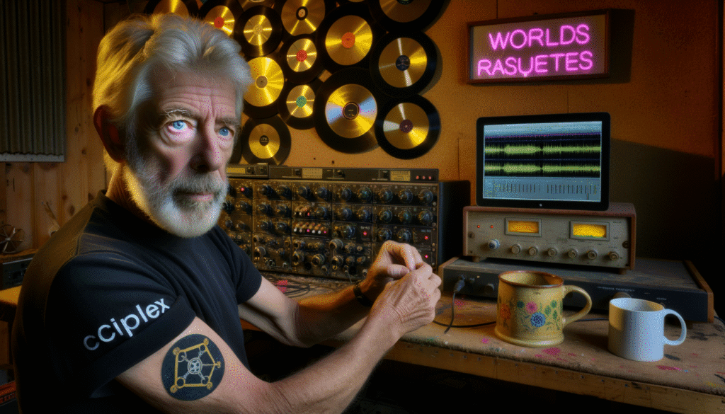 fidelity test barney dawson in his home studio adjusting a vintage mixing console for sound fidelity testing surrounded by musical memorabilia