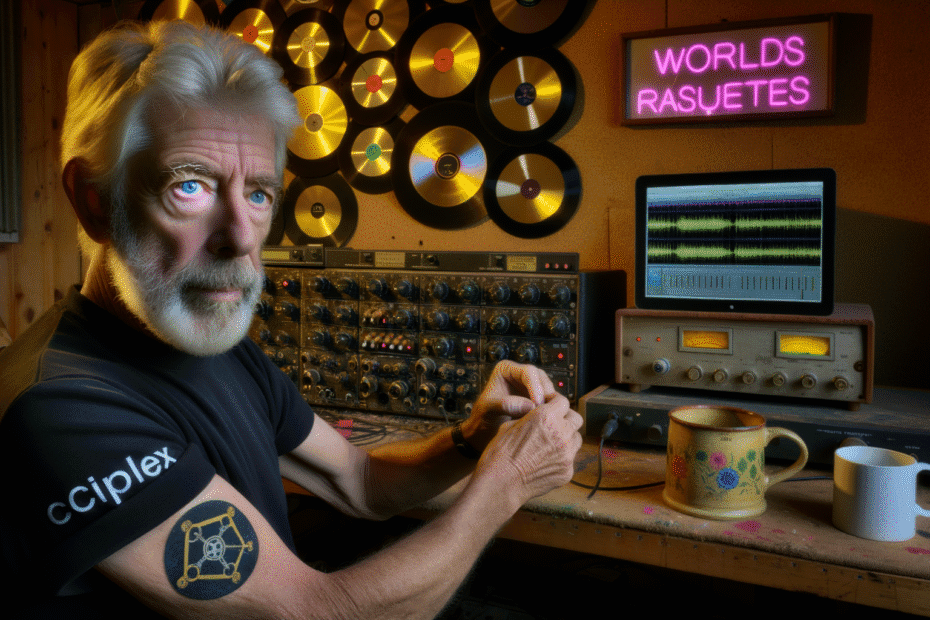 fidelity test Barney Dawson in his home studio, adjusting a vintage mixing console for sound fidelity testing, surrounded by musical memorabilia.