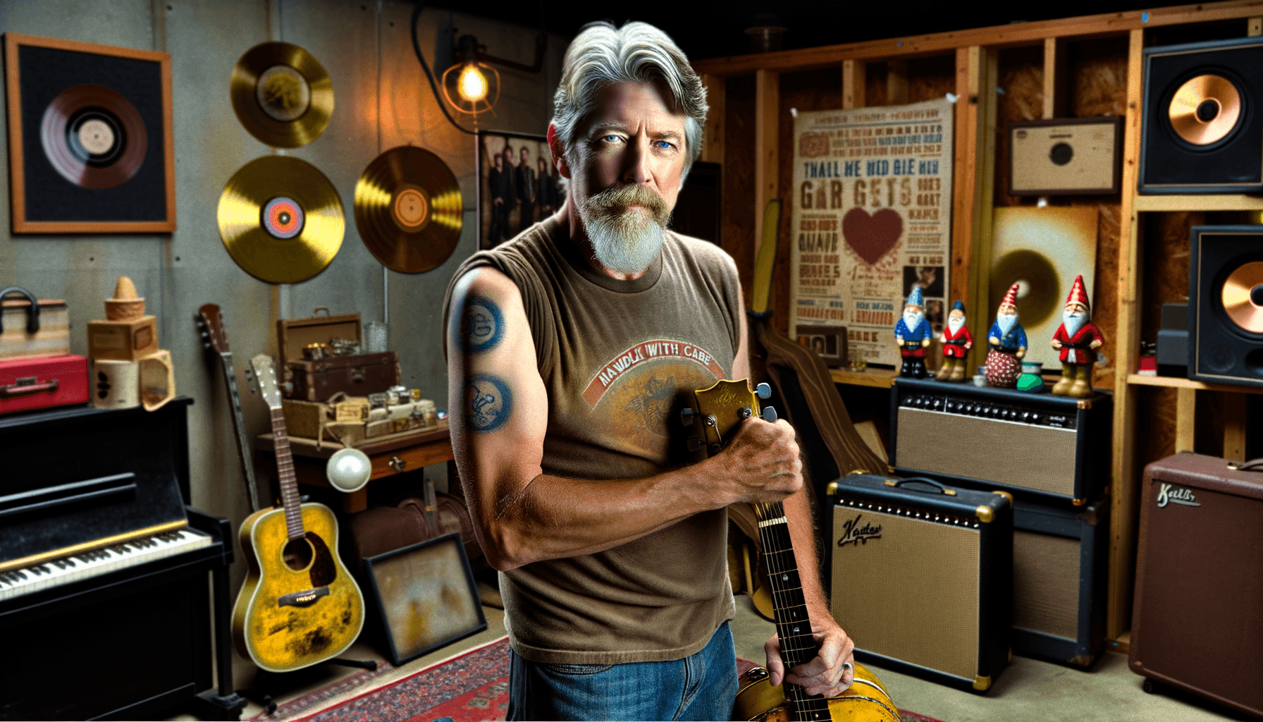 fragility portrait of barney dawson a 60 something musician holding a guitar and kintsugi bowl in his studio symbolizing resilience and beauty in imperfection