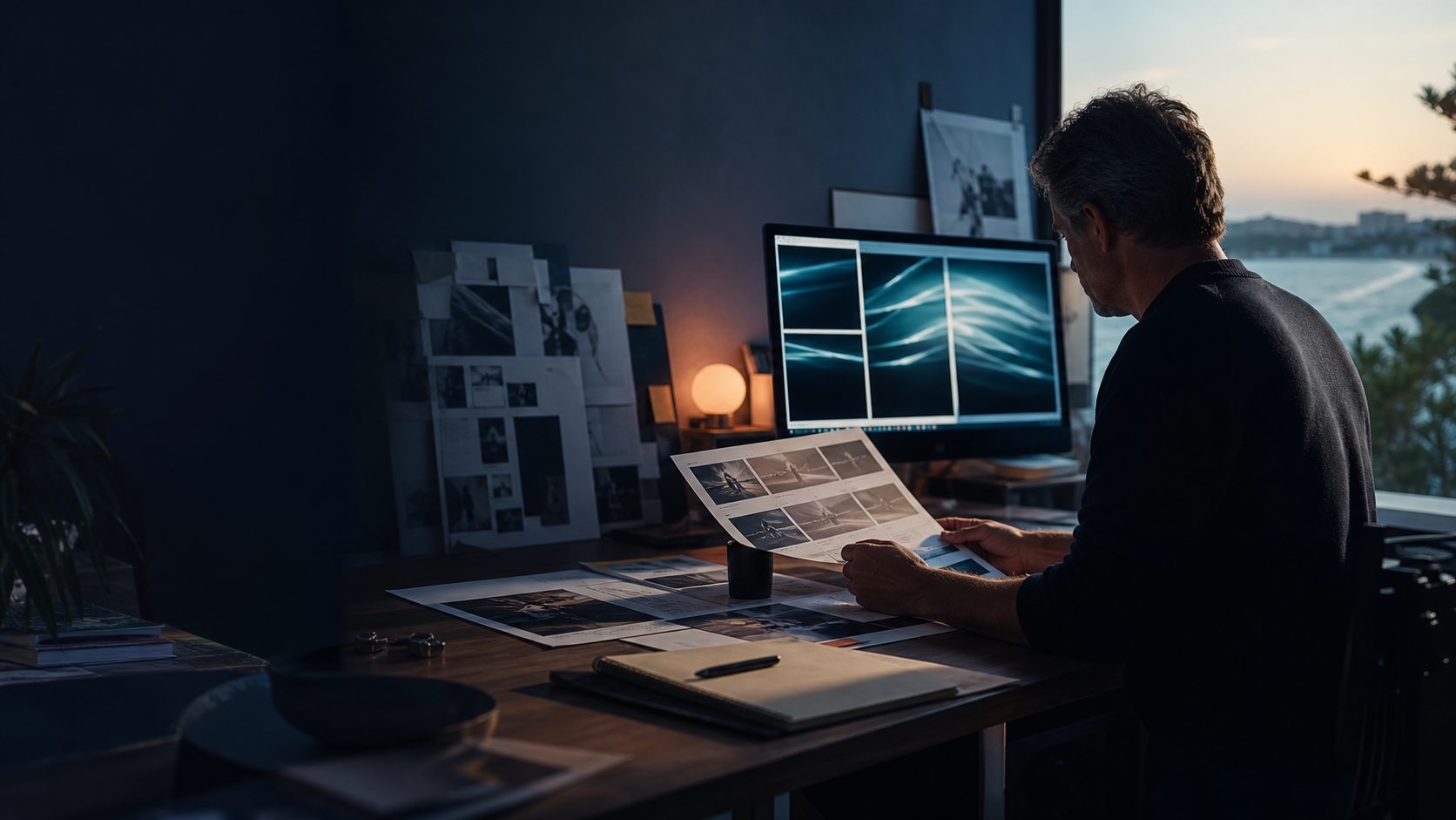 Human figure guiding a connected AI media system in the MAXYS visual style