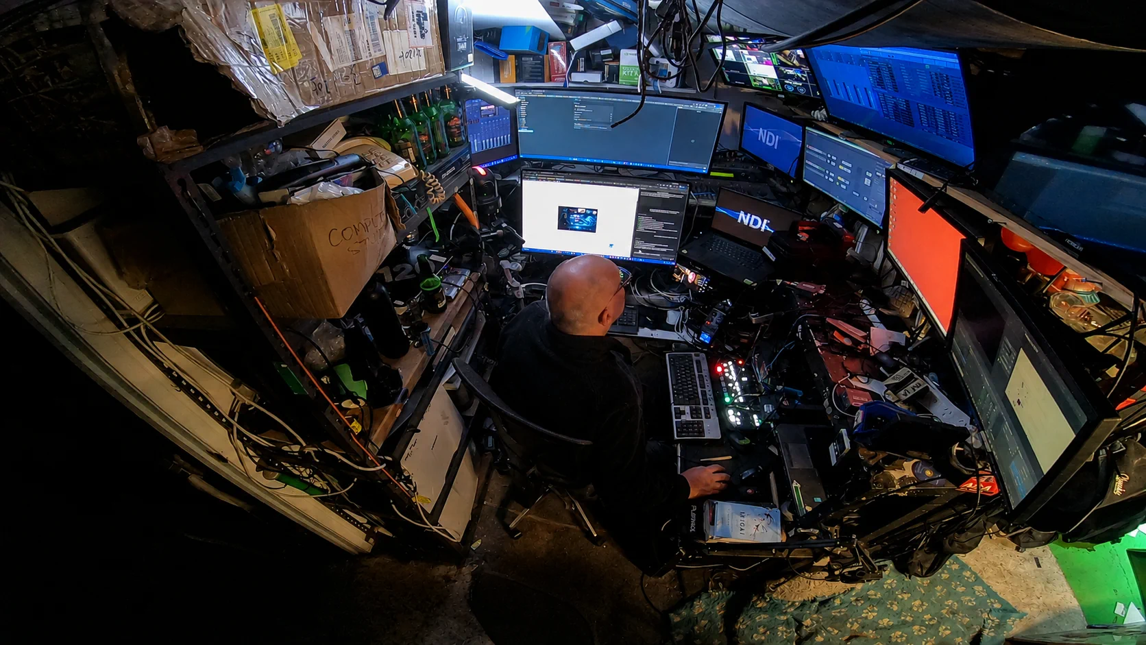 Scott Maxworthy working in the real MAXYS production workspace surrounded by monitors, NDI systems and switching equipment