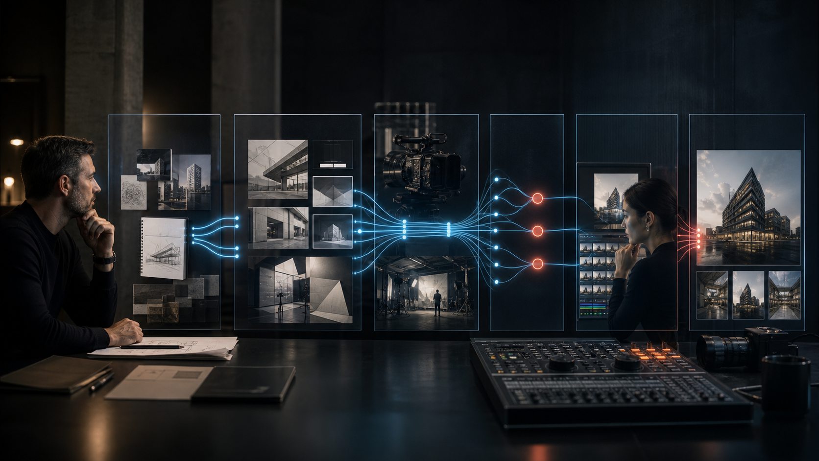 Connected production stages representing MAXYS AI-enabled content and media services